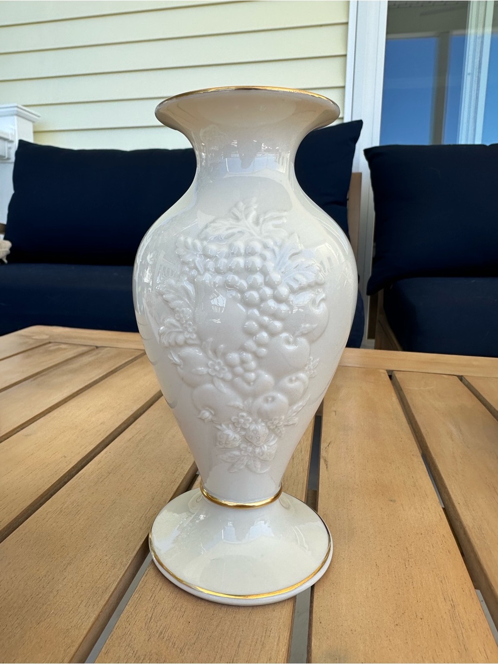 Lennox Fruits of Life Vase- Cream Ceramic Embossed Floral Vase with Gold Trim